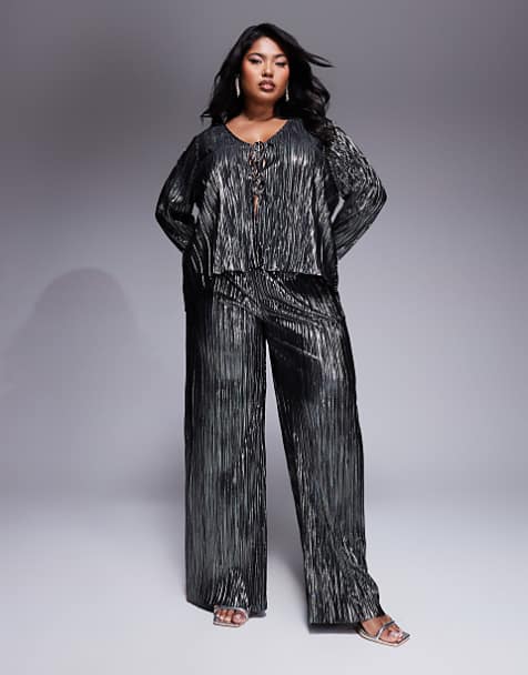 Mettalic Plisse Tied Top and Wide Leg Trouser Set