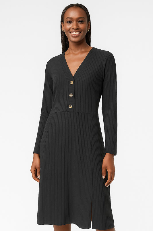 Ribbed Button Detail Midi Dress