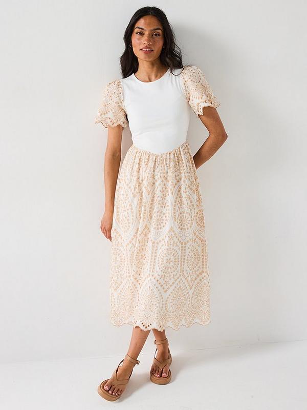 V by Very Broderie Trim Dress - White