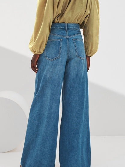 Denim Dark Blue 100% Cotton Palazzo Wide Leg Jeans