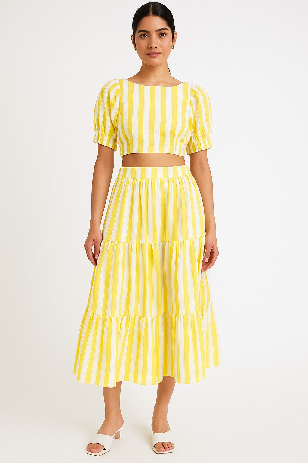 Yellow/white Stripe Crop Top and Skirt Set