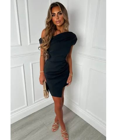 Little Stunner Black Off Shoulder Ruched Dress