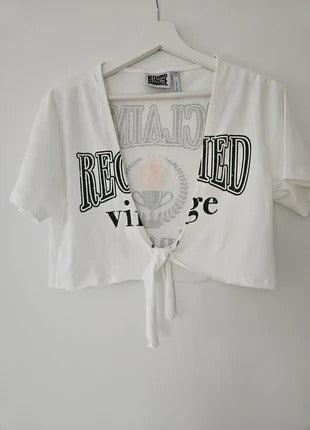 Reclaimed Vintage Inspired Tie Front Varsity T-Shirt - White