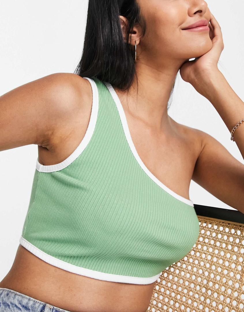 Contrast Binding One Shoulder Top In Green