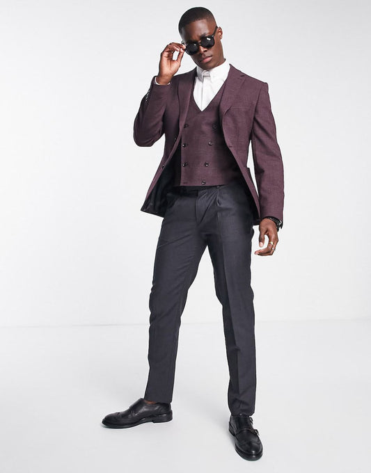 Noak Skinny Suit Jacket In Burgundy Glen Check