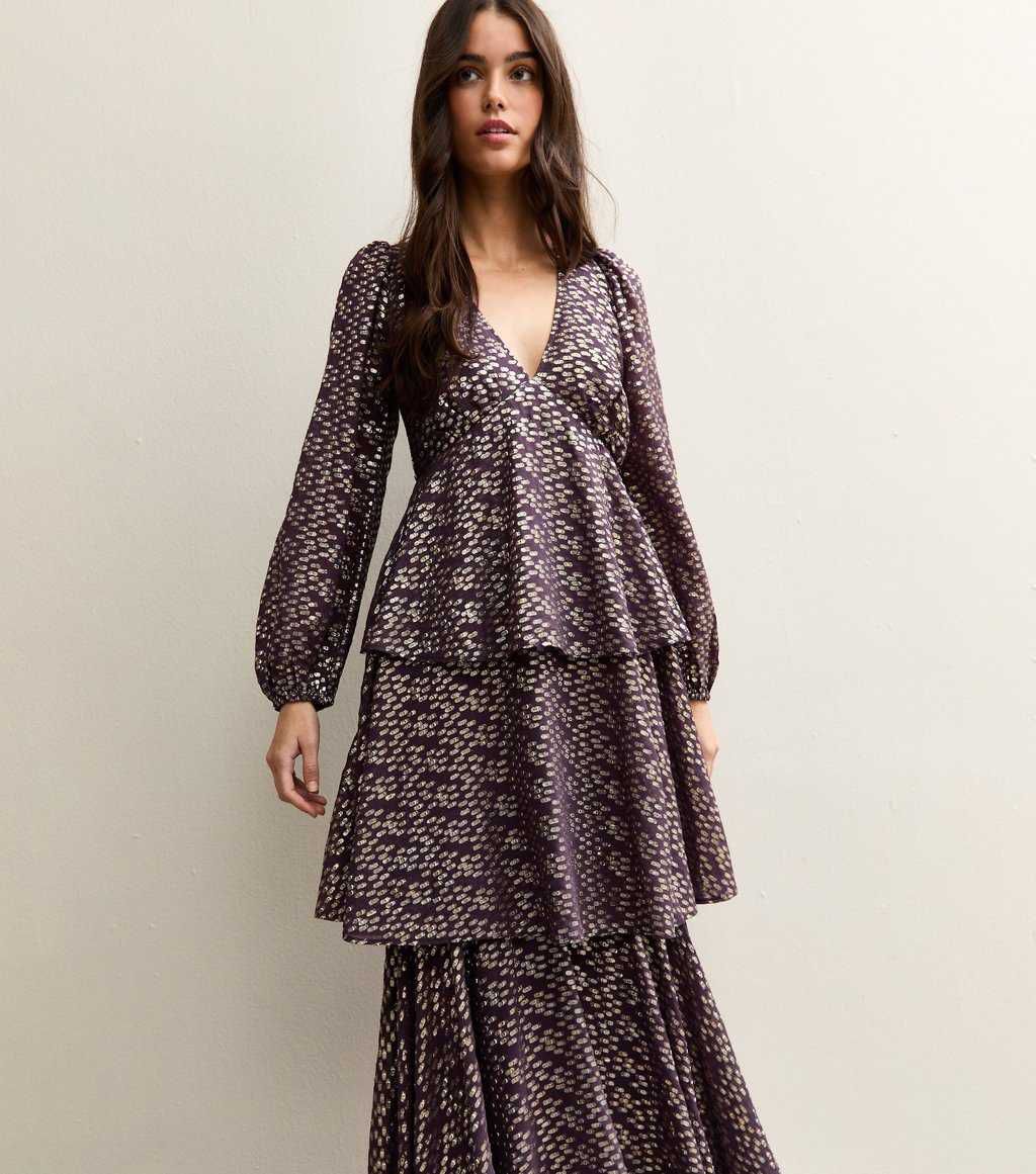 Purple Metallic Jacquard Tiered Maxi Dress