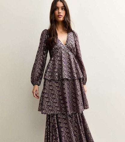 Purple Metallic Jacquard Tiered Maxi Dress