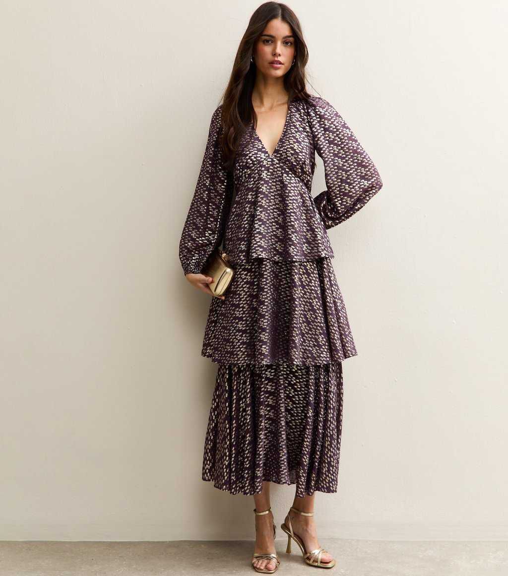 Purple Metallic Jacquard Tiered Maxi Dress