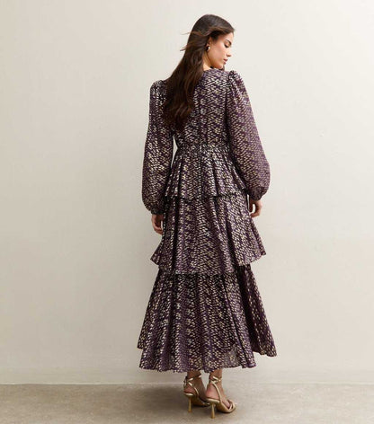 Purple Metallic Jacquard Tiered Maxi Dress