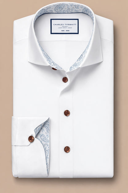 Semi Cutaway Collar Non-Iron Twill Paisley Trim Slim fit Shirt - white