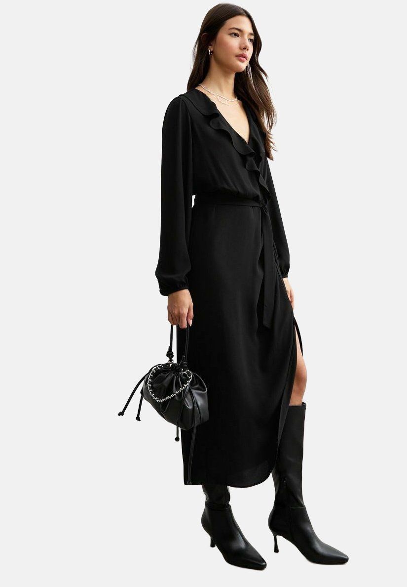 Ruffle Trim Belted Midi- Day Dress- Black