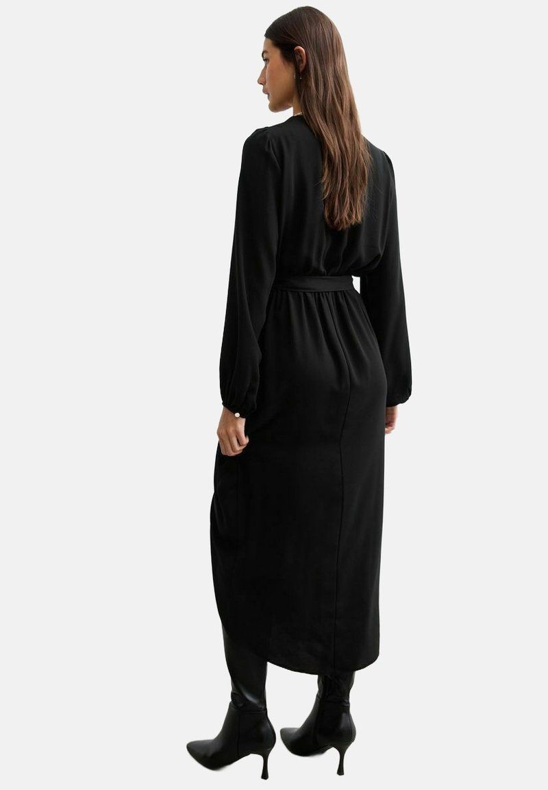 Ruffle Trim Belted Midi- Day Dress- Black