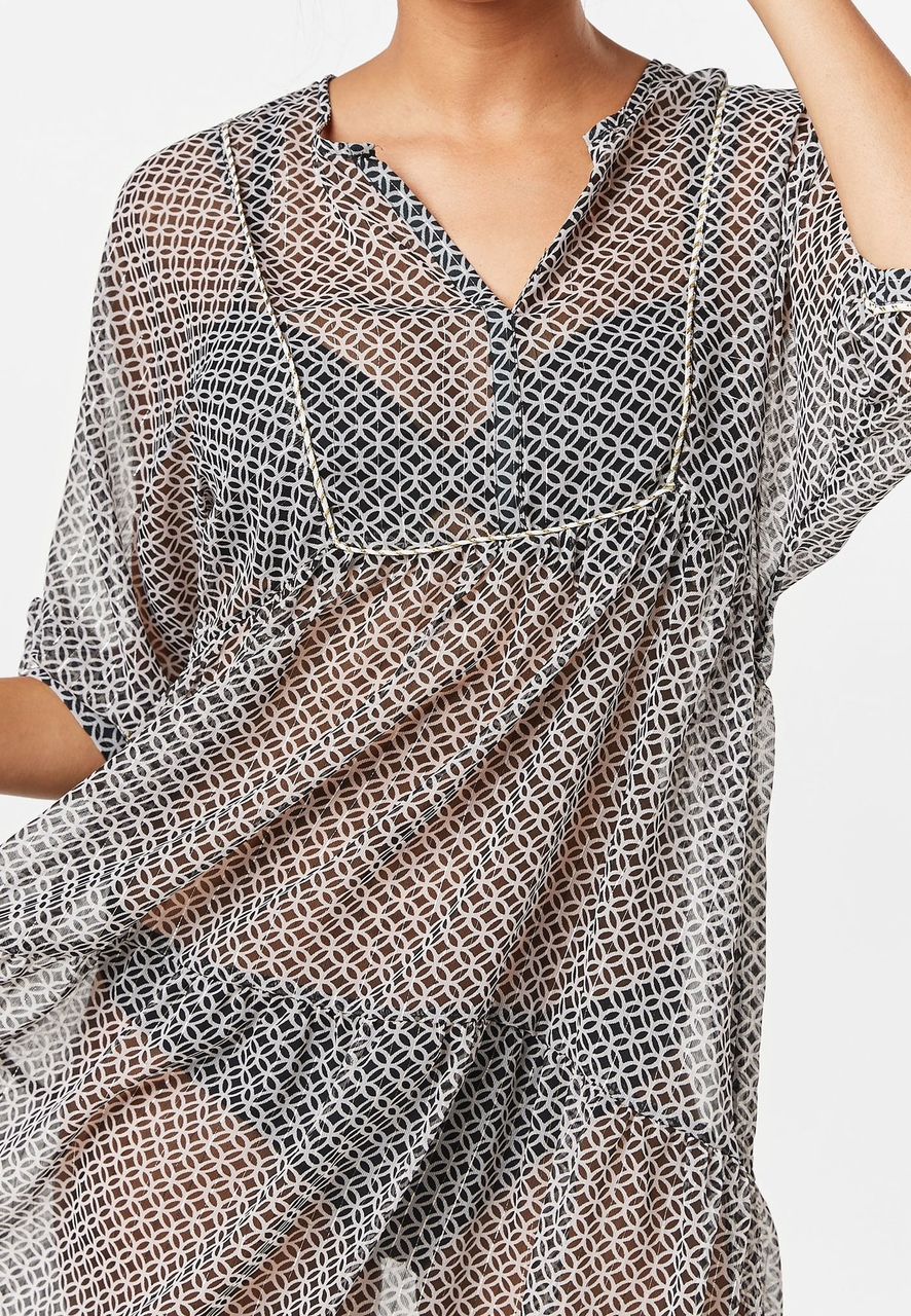 Sheer Black And White Long Sleeves Beach Dress