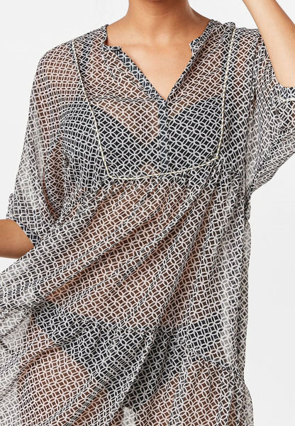 Sheer Black And White Long Sleeves Beach Dress
