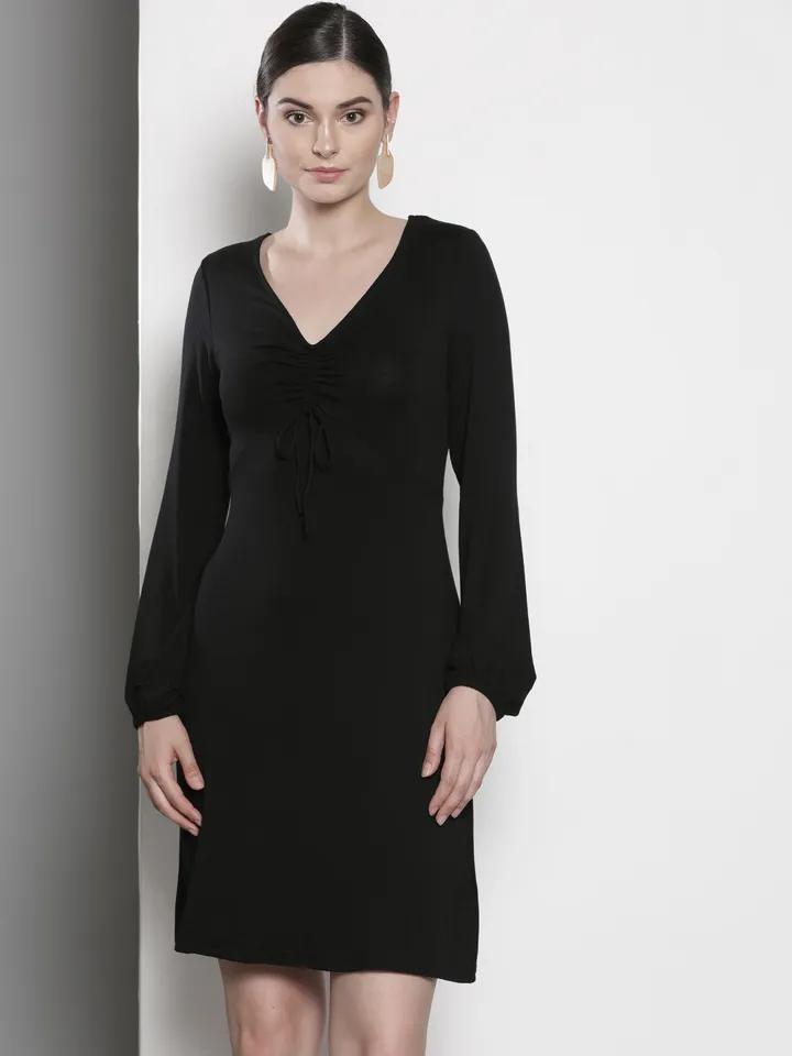 Black Solid Knitted A-Line V Neck Dress
