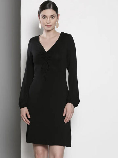 Black Solid Knitted A-Line V Neck Dress