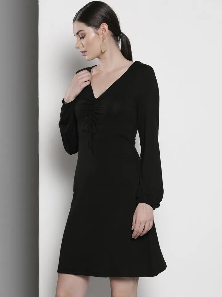 Black Solid Knitted A-Line V Neck Dress