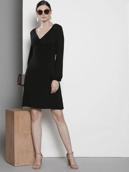 Black Solid Knitted A-Line V Neck Dress