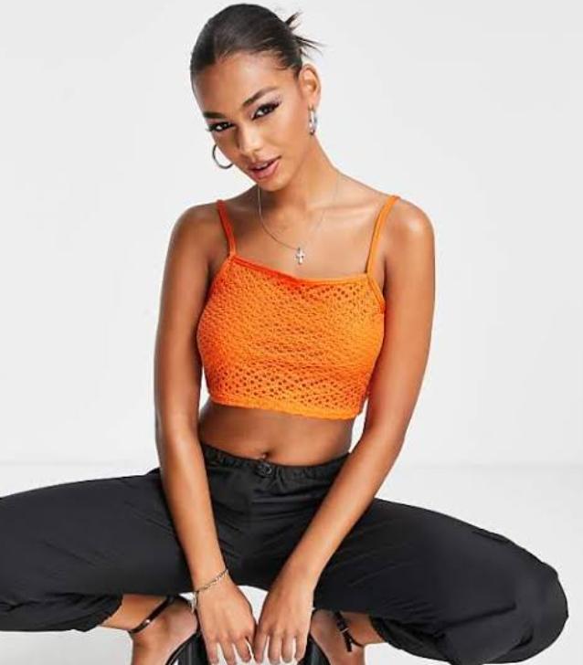 Lasula Crochet Crop Top Co-Ord In Orange
