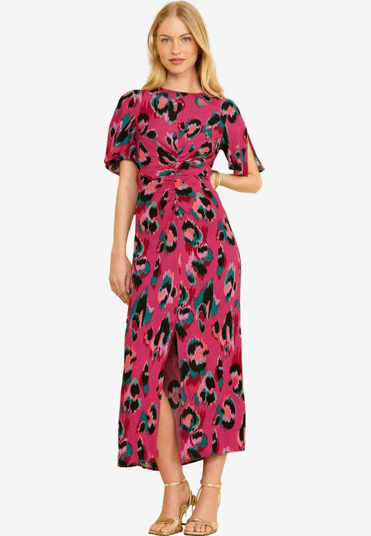 Pink Animal Ruched Flutter Sleeve Midi Dress