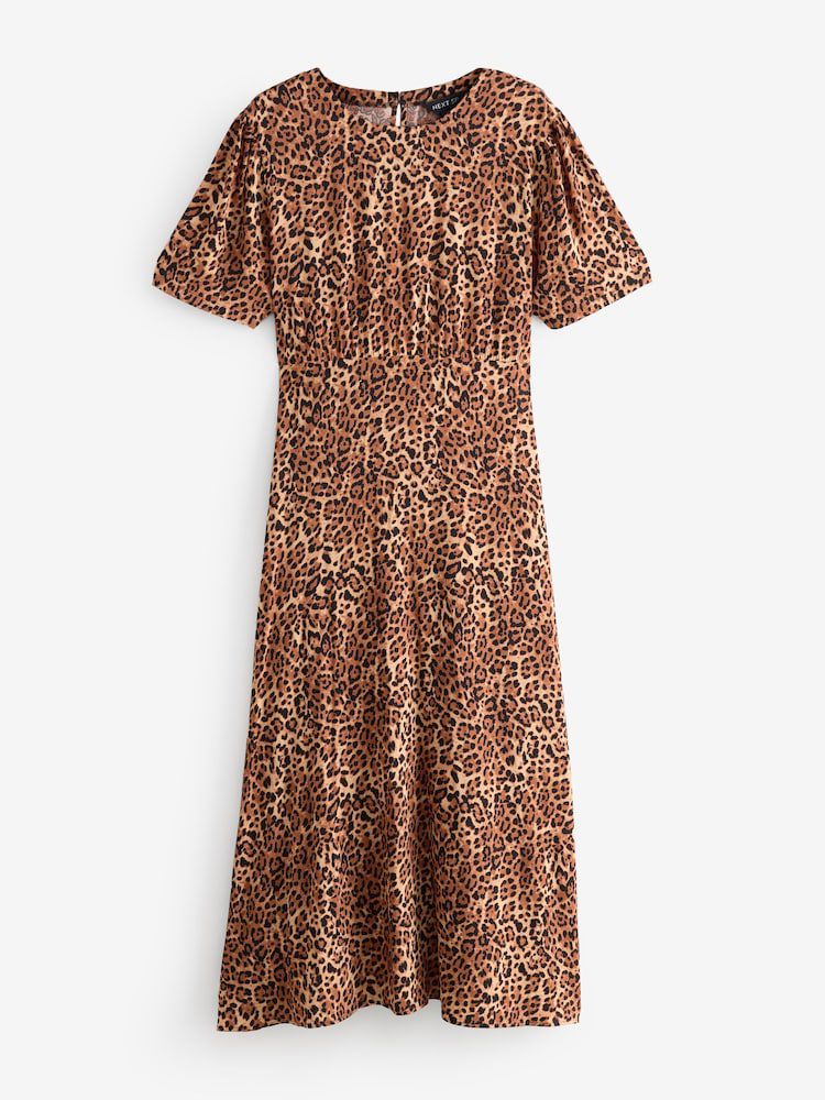 Tan Brown Short Sleeve Animal  All-Over Print Waist Maxi