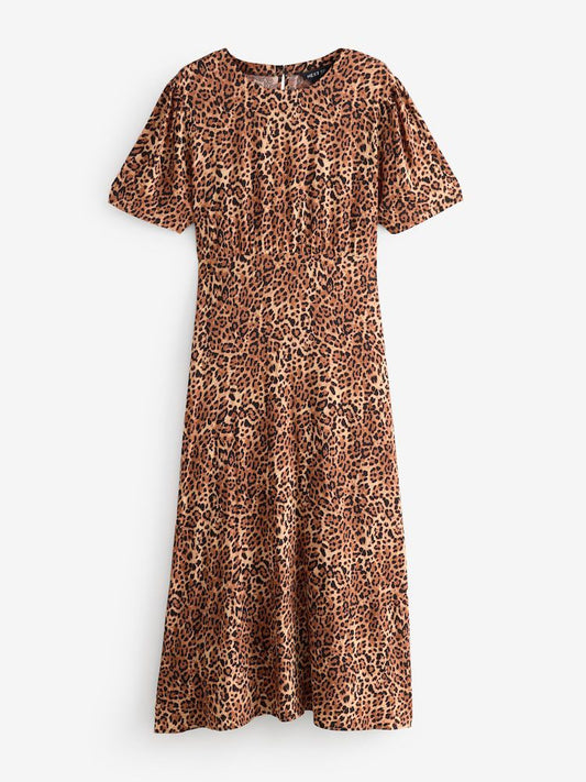 Tan Brown Short Sleeve Animal  All-Over Print Waist Maxi