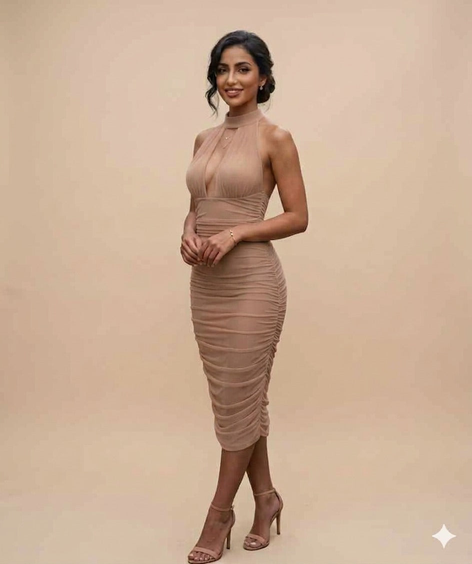 Nude Pink Ruched Halterneck Midi DRESS