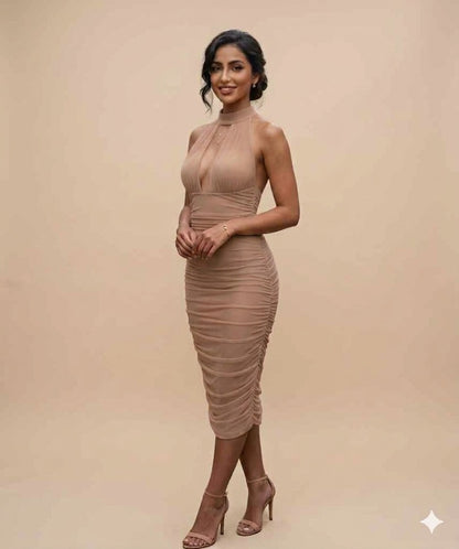 Nude Pink Ruched Halterneck Midi DRESS