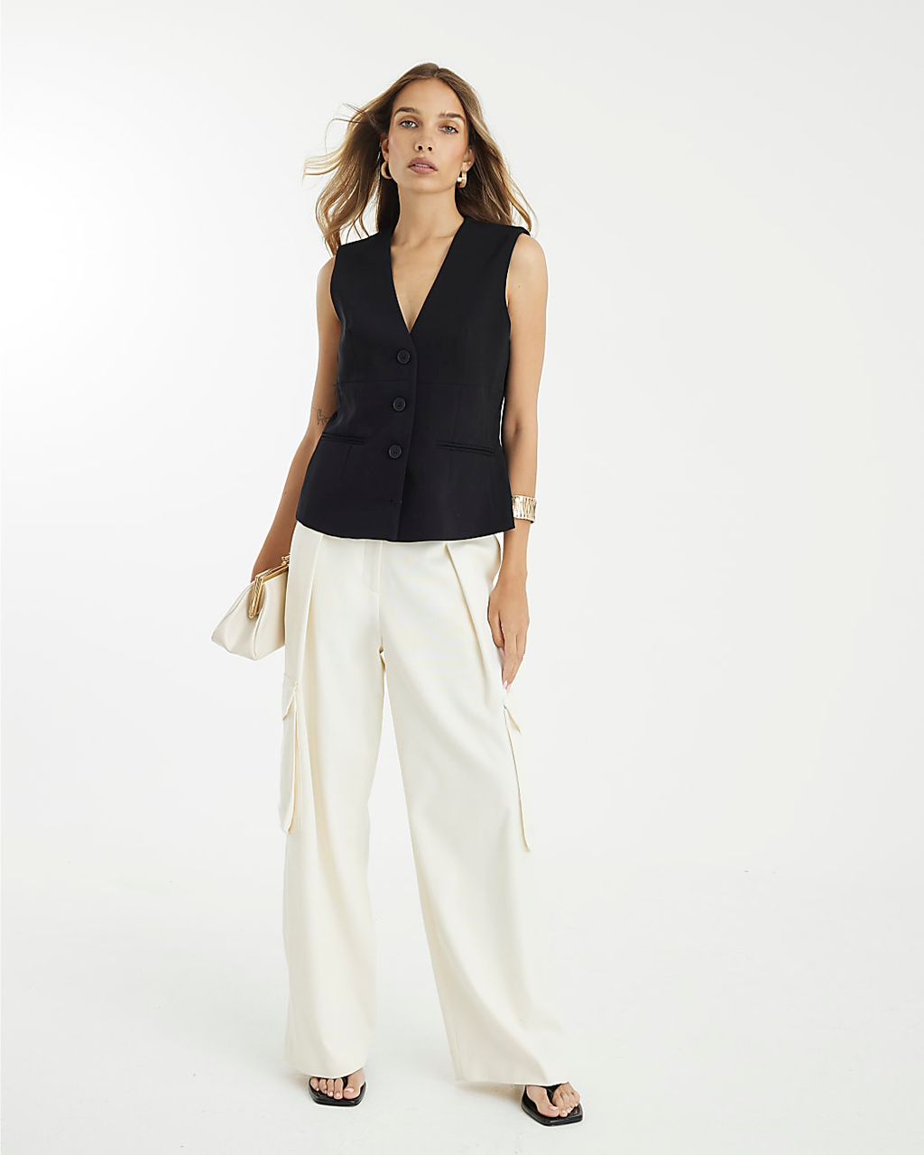 Black V Neck Button Front Waistcoat