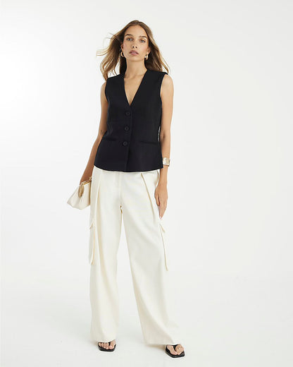 Black V Neck Button Front Waistcoat