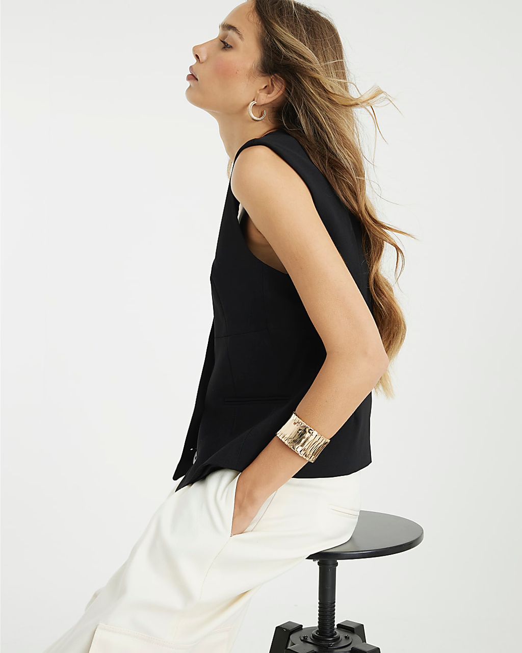 Black V Neck Button Front Waistcoat