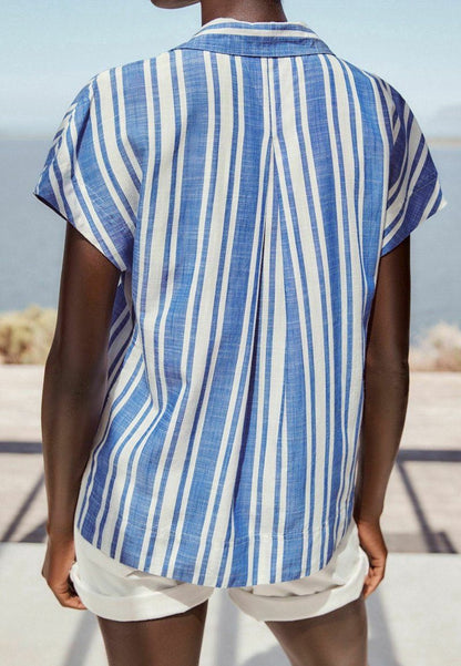 Stripe Linen Button down Blouse- Blue