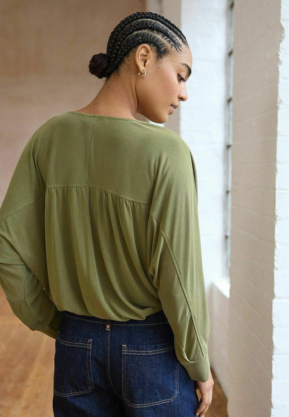 V-Neck Bubblehem Blouse - Olive Green