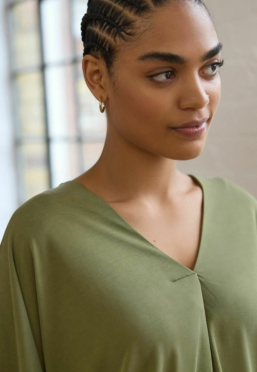 V-Neck Bubblehem Blouse - Olive Green