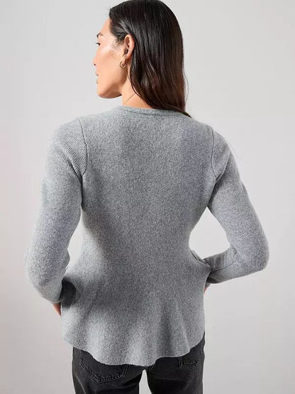 Crew Neck Covered Button Peplum Cardigan-Grey