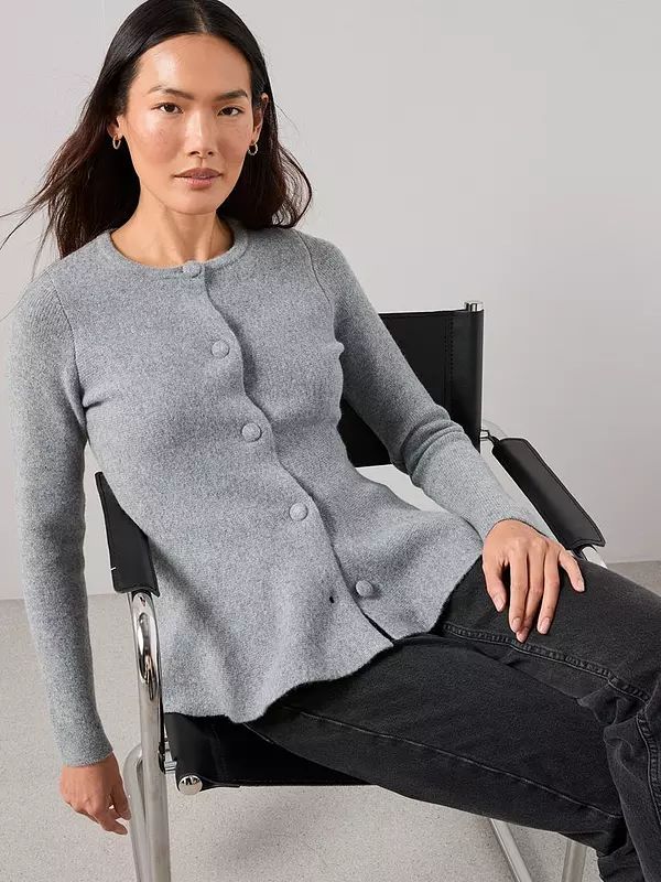 Crew Neck Covered Button Peplum Cardigan-Grey