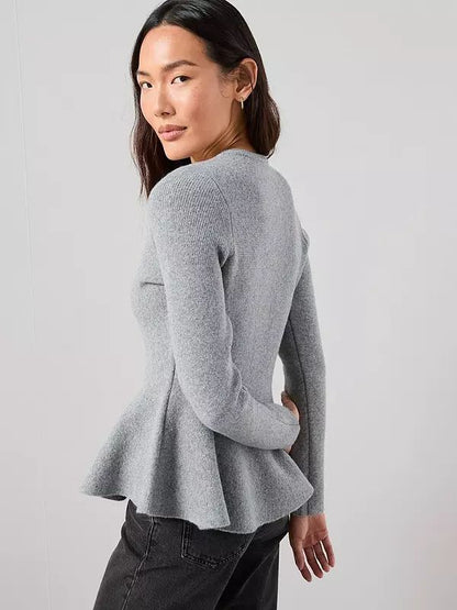 Crew Neck Covered Button Peplum Cardigan-Grey