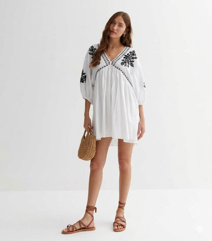 White Textured Embroidered Mini Smock Dress