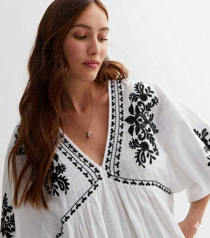 White Textured Embroidered Mini Smock Dress