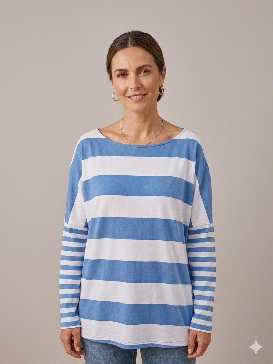 Classic Blue And White Striped Boatneck Shirt