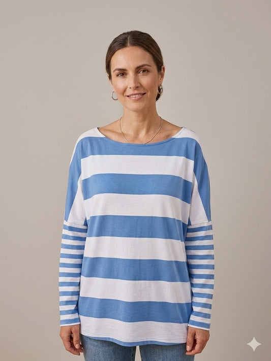 Classic Blue And White Striped Boatneck Shirt
