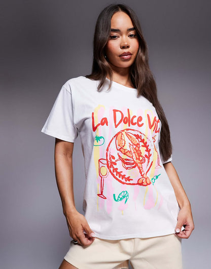 Kaiia Cotton Graphic Oversized T-Shirt In  White