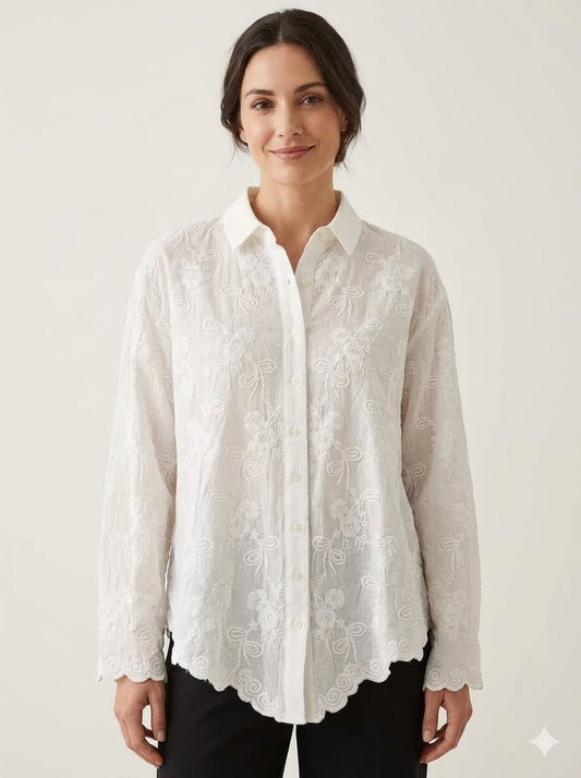 Cotton Floral Embroidered Shirt with Scalloped Rim