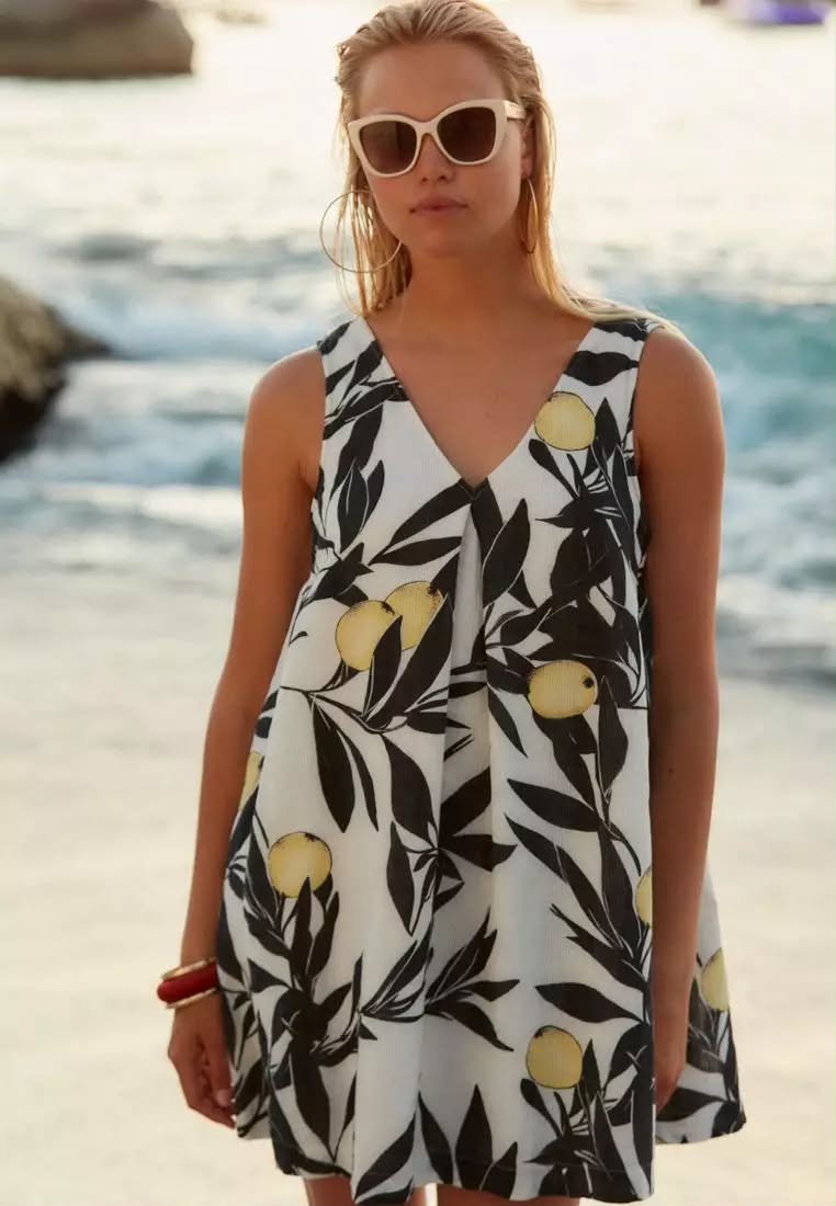 Yellow Lemon Print Linen Blend V-Neck Summer Midi Dress