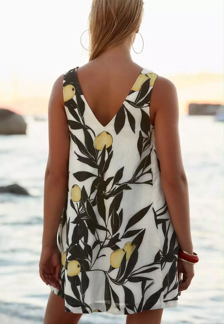 Yellow Lemon Print Linen Blend V-Neck Summer Midi Dress
