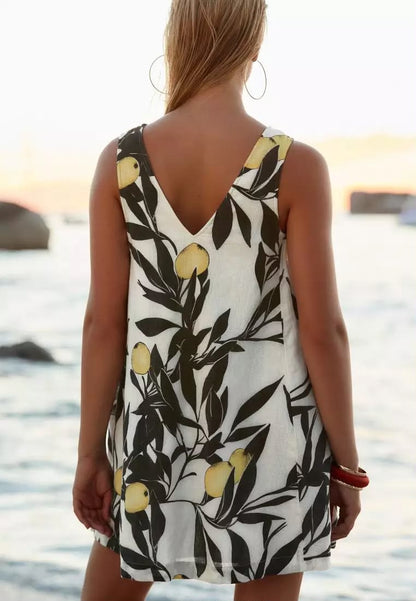 Yellow Lemon Print Linen Blend V-Neck Summer Midi Dress