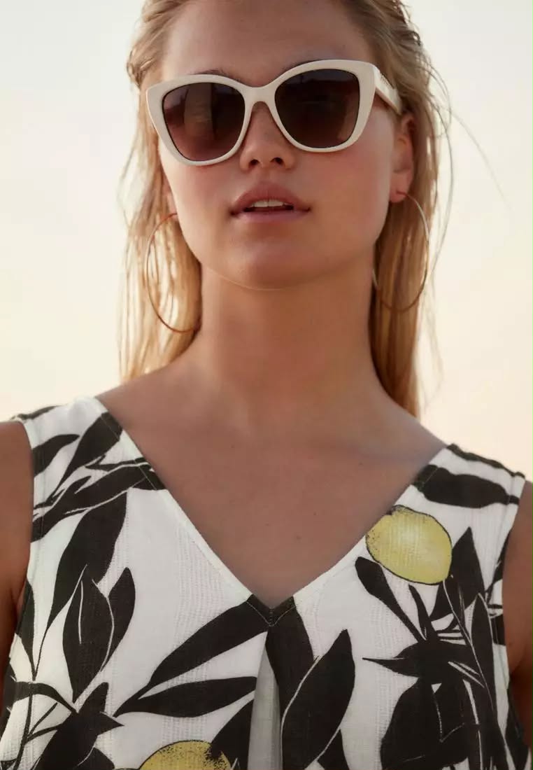 Yellow Lemon Print Linen Blend V-Neck Summer Midi Dress