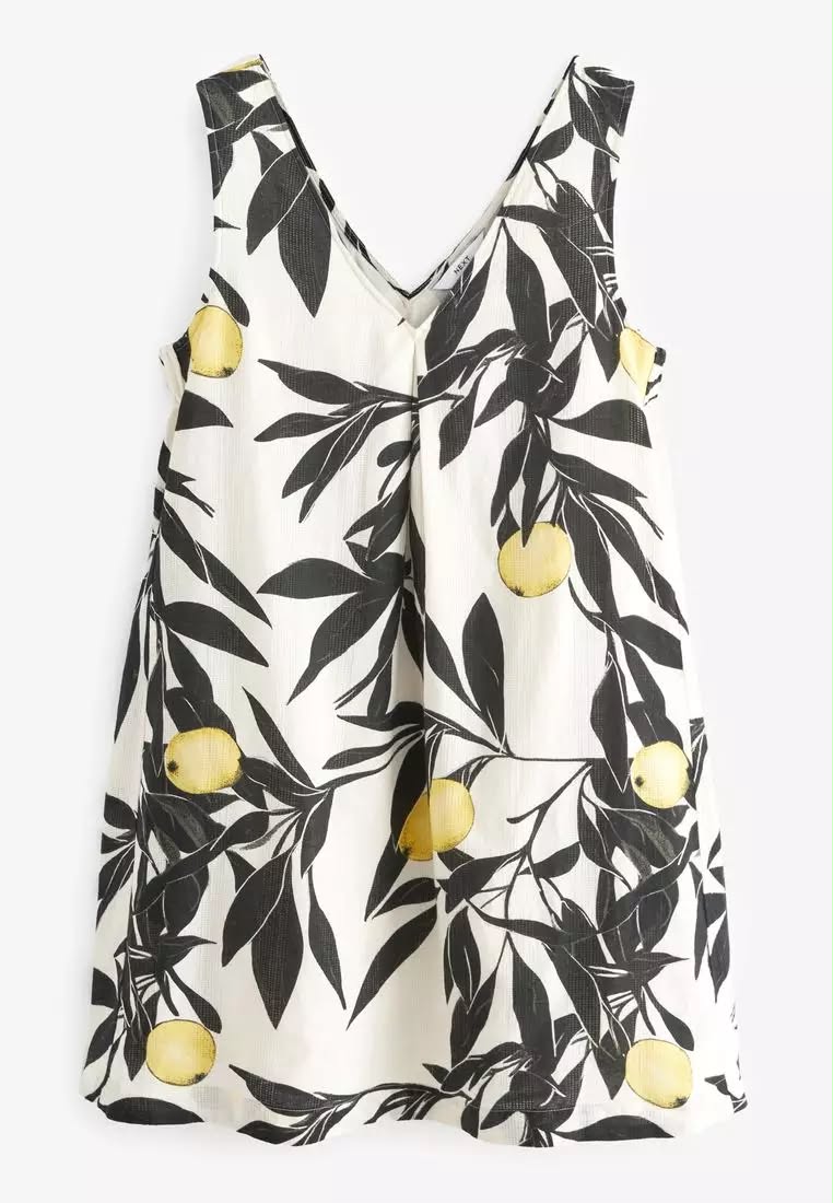 Yellow Lemon Print Linen Blend V-Neck Summer Midi Dress