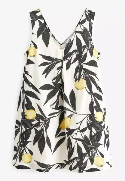 Yellow Lemon Print Linen Blend V-Neck Summer Midi Dress