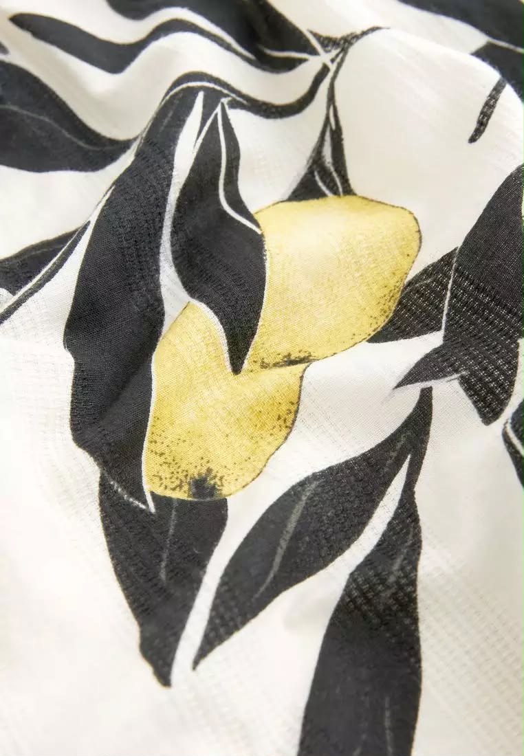 Yellow Lemon Print Linen Blend V-Neck Summer Midi Dress